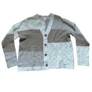 J. Jill Patchwork Cable-Knit Cardigan Sweater Womens Size Medium Neutral White